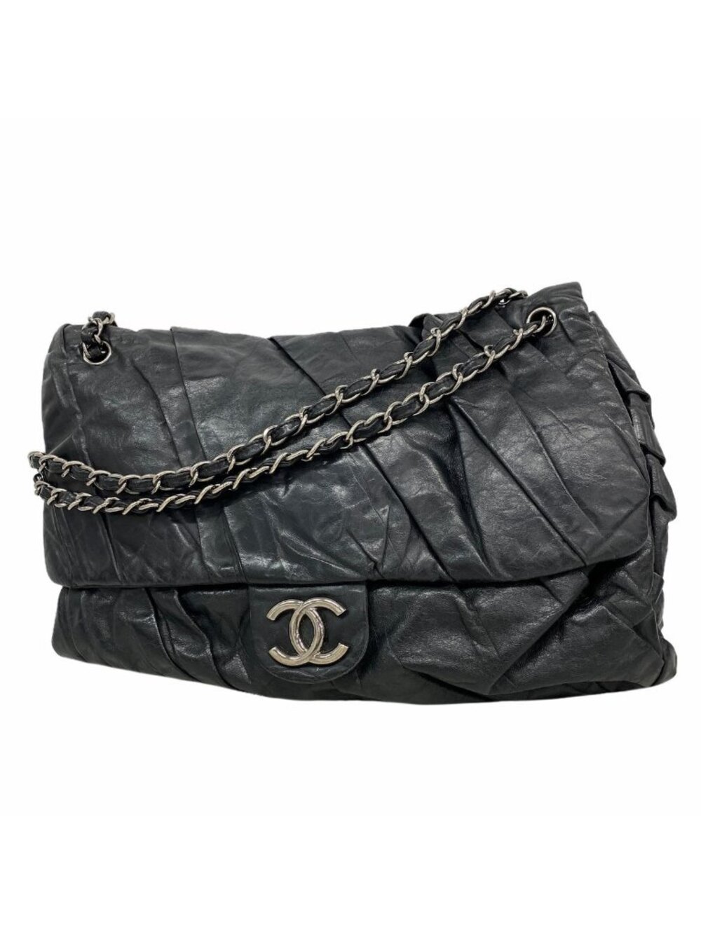 Chanel Shoulder Bag Leather Black Silver